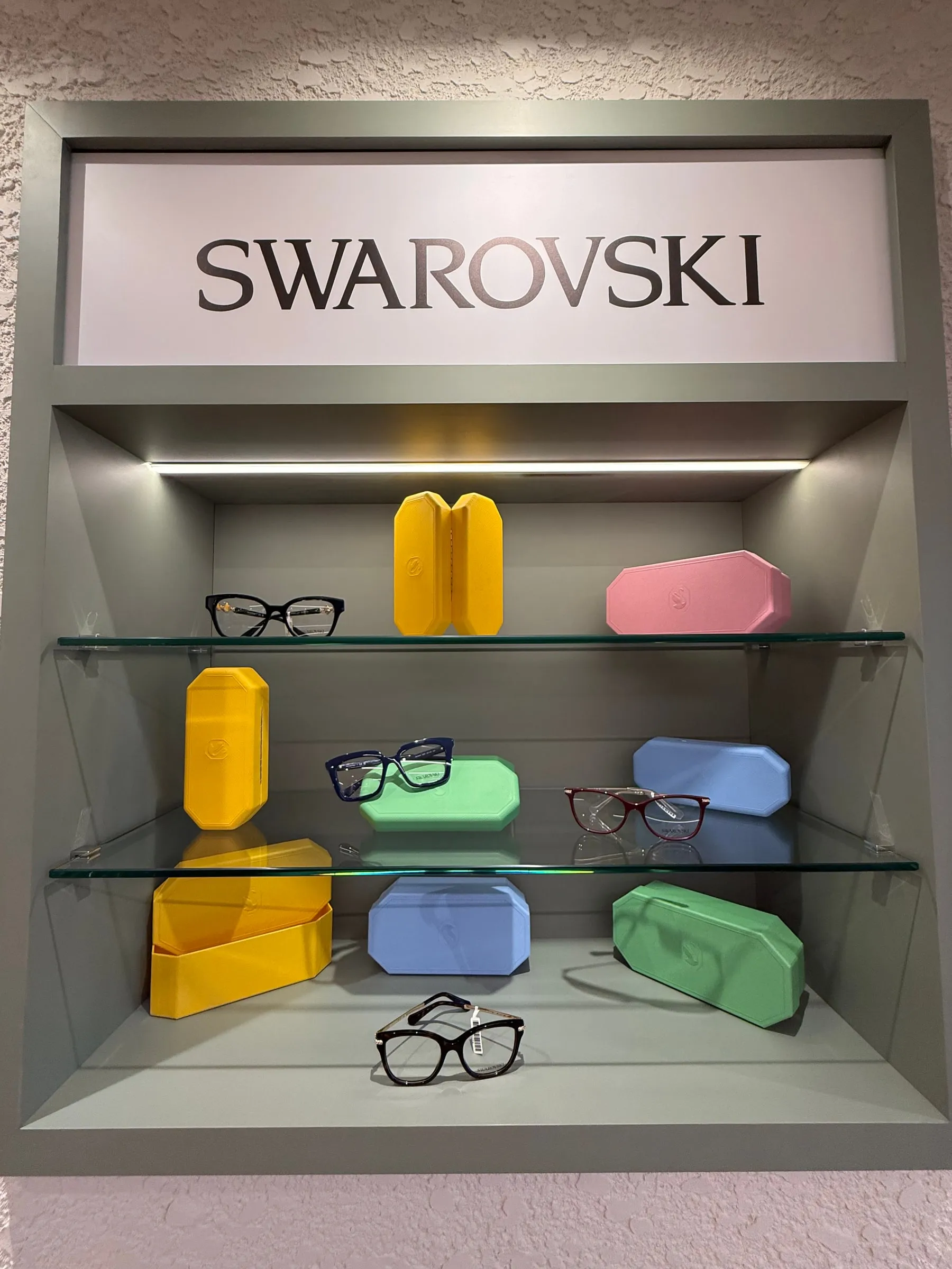 Nicho da Swarovski com armações de grau e os estojos coloridos da marca